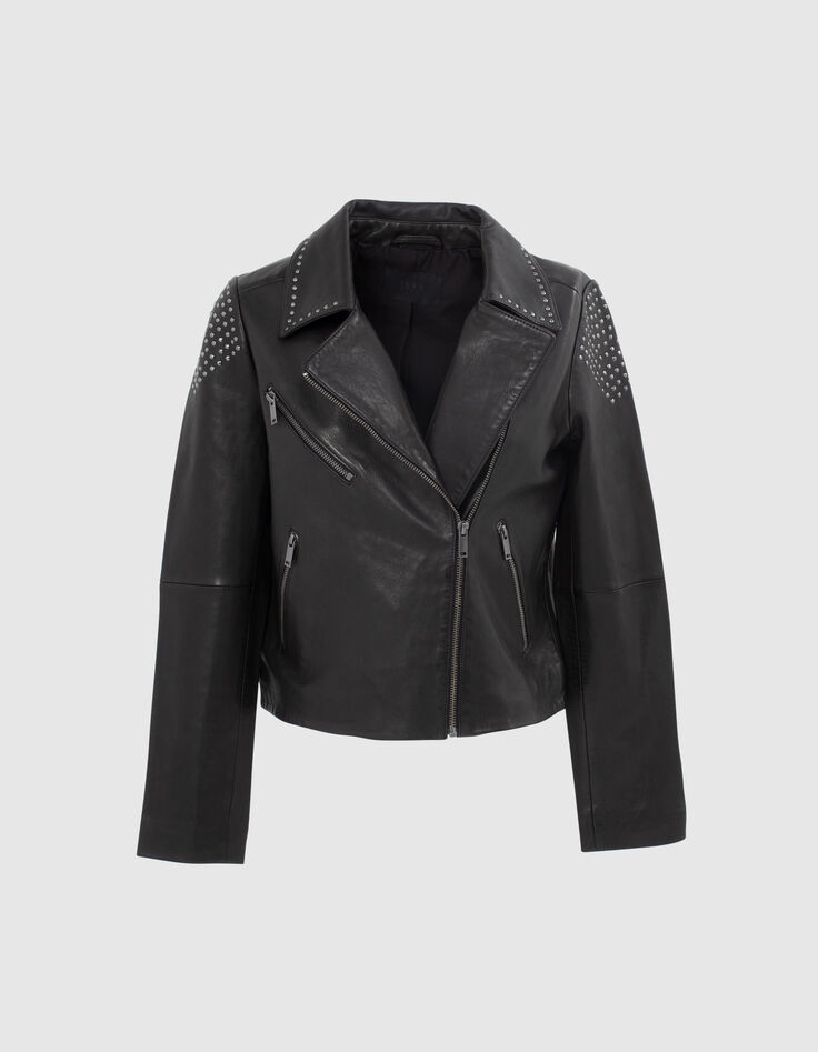 Women’s black leather stud shoulder/collar zipped jacket-5