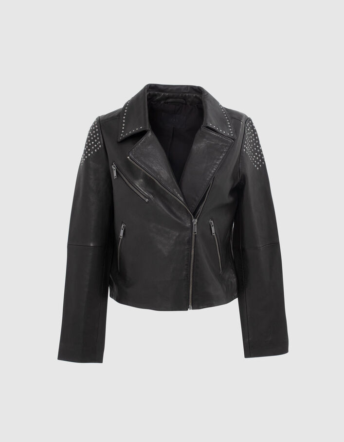 Women’s black leather stud shoulder/collar zipped jacket - IKKS