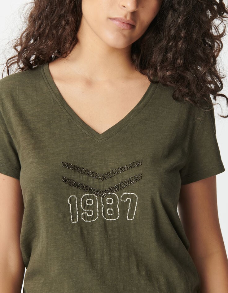 Tee-shirt kaki coton bio chevrons perles brodées Femme-4 Tee-shirt kaki coton bio chevrons perles brodées Femme-4