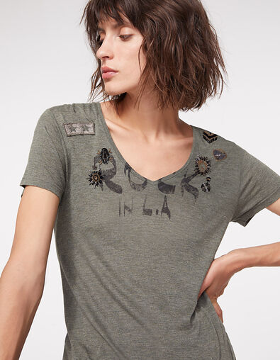 Women's khaki V-neck T-shirt, bead embroidery - IKKS