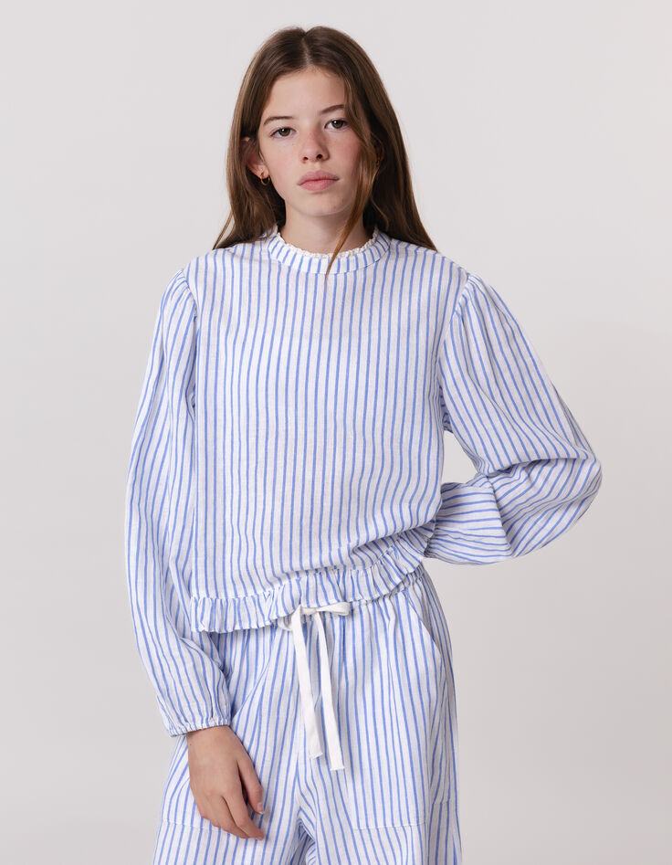 Blouse rayures bleues col dentelle et basque fille-1