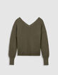 Pull col V kaki tricot 100% laine boutons strass dos Femme-7