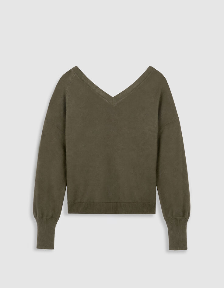 Pull col V kaki tricot 100% laine boutons strass dos Femme-7