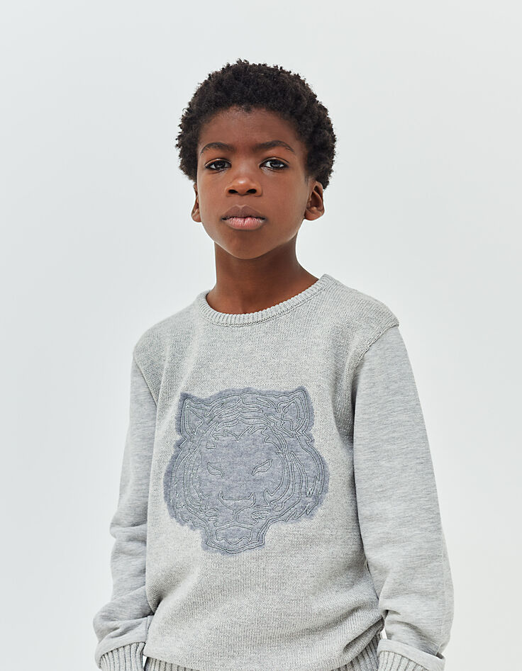 Sweat gris bi matière avec tête de tigre brodé garçon -6