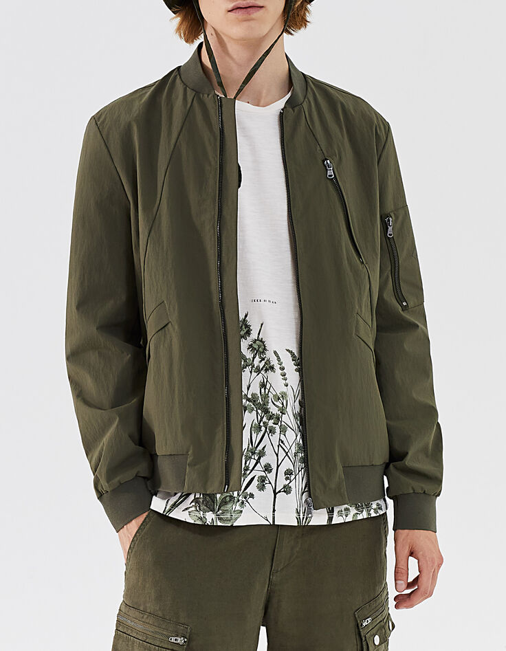 Men’s khaki nylon bomber jacket with zipped pockets-2
