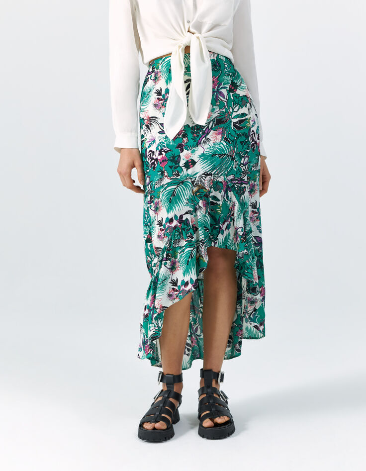 Women’s green plant print asymmetric skirt-2