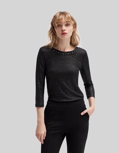 Camiseta negra de lino con tachuelas para mujer - IKKS