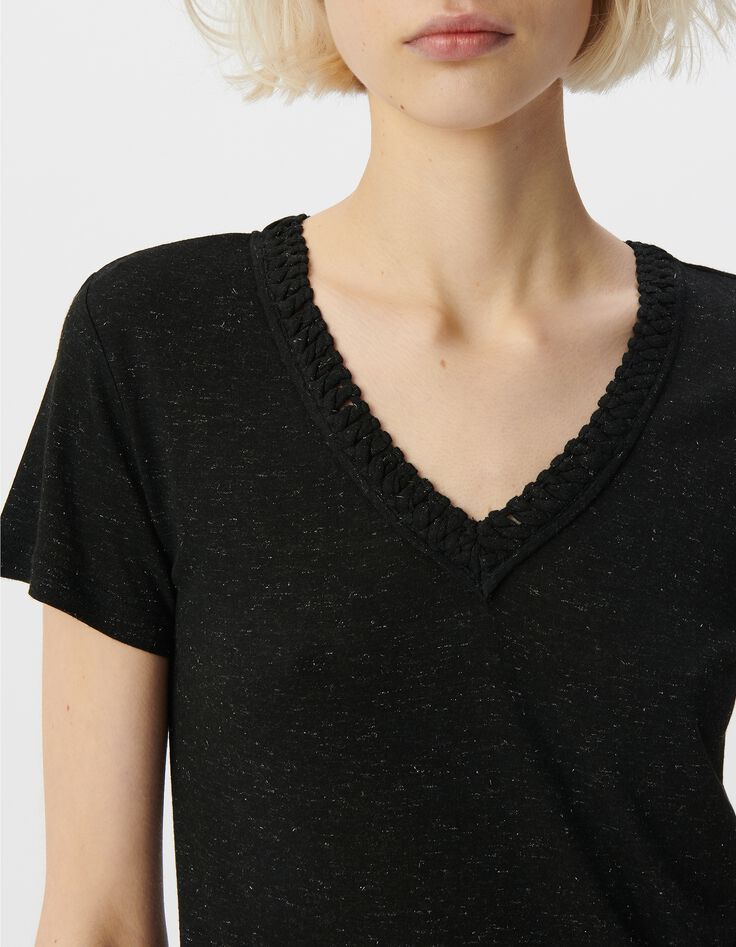 Tee-shirt noir lurex r&eacute;versible tressage encolure V Femme-4