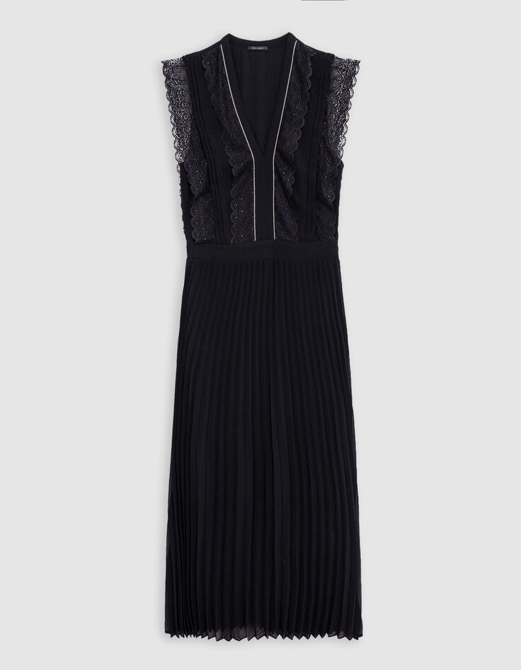 Robe longue noire plissée volants dentelle Femme-6
