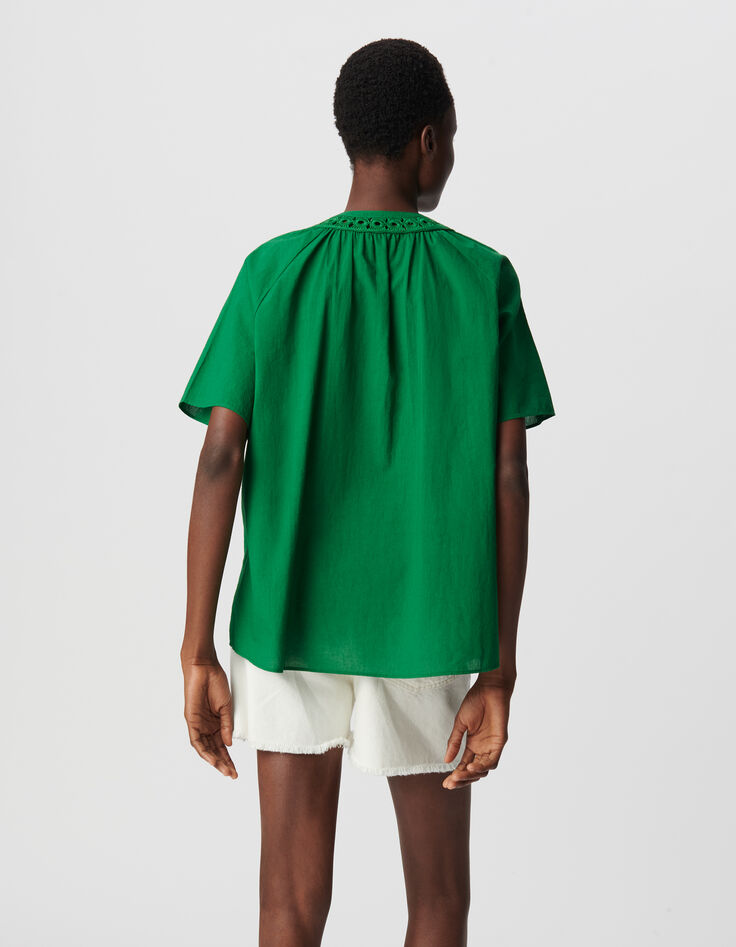 Blouse ample verte coton bio encolure brodée Femme-3 Blouse ample verte coton bio encolure brodée Femme-3