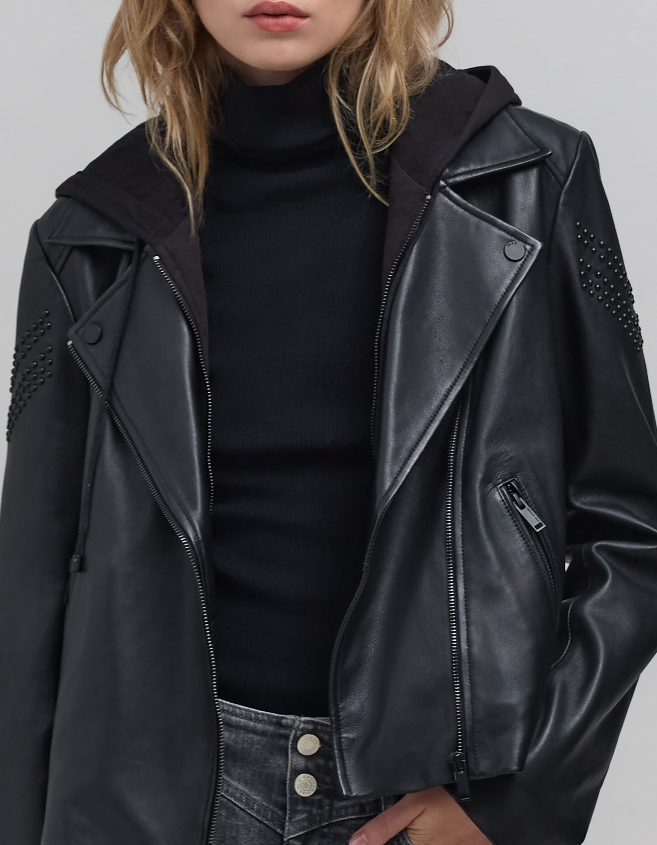 Veste cuir noir motard clous parementure amovible Femme IKKS