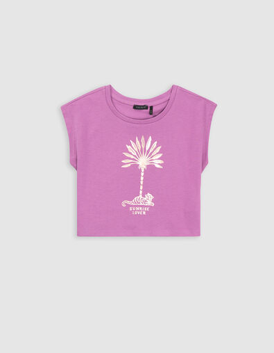 Violettes M&auml;dchen-T-Shirt, Biowolle, Palmen-Tiger, kupfer - IKKS