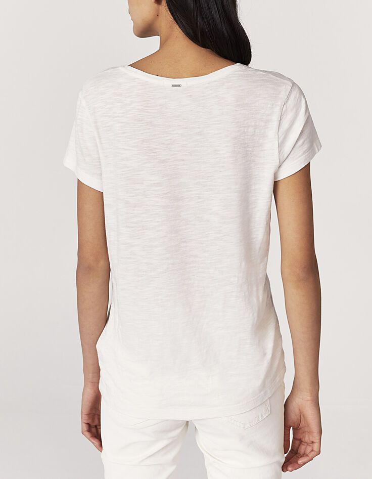 Tee-shirt blanc cassé imprimé message pailleté doré femme-3