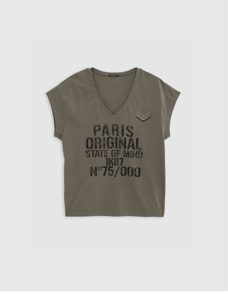 Khakifarbenes Damen-T-Shirt mit milit&auml;rischer Botschaft-6