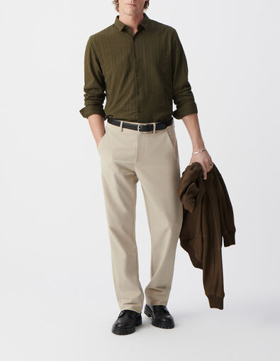 Men&rsquo;s khaki organic cotton SLIM shirt, striped embroidery - IKKS