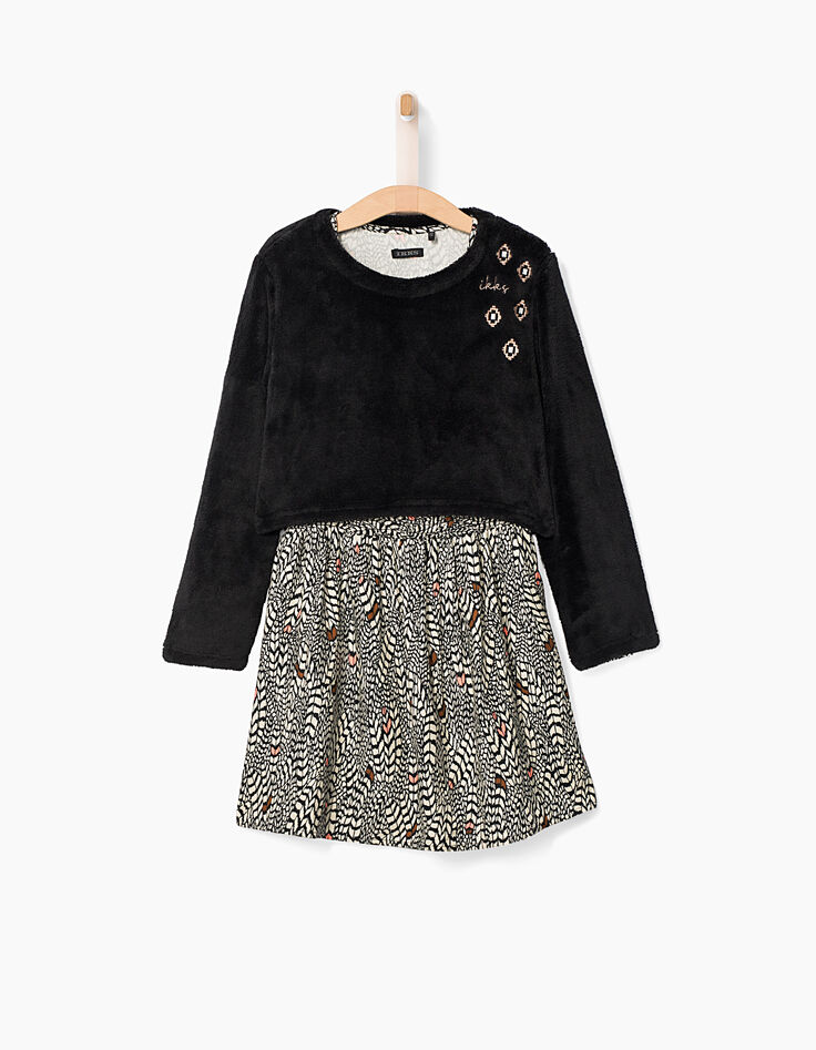Robe 2 en 1 écrue imprimée et sweat doudou fille-2 Robe 2 en 1 écrue imprimée et sweat doudou fille-2