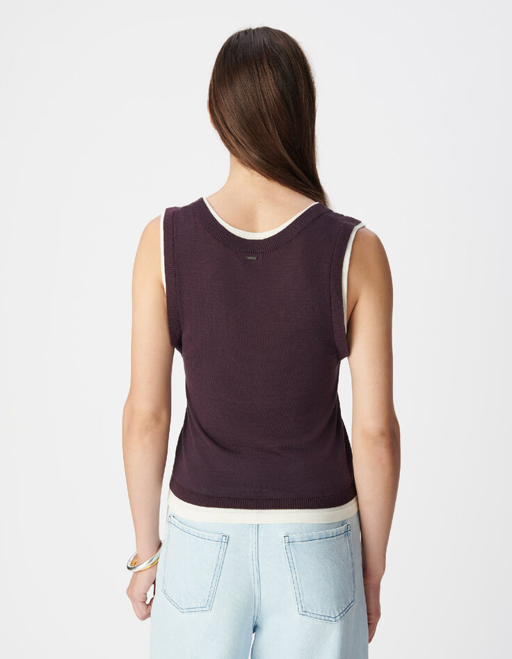 Burgunderfarbener &auml;rmelloser Pullover f&uuml;r Damen mit Trompe-l'oeil-Strick-3