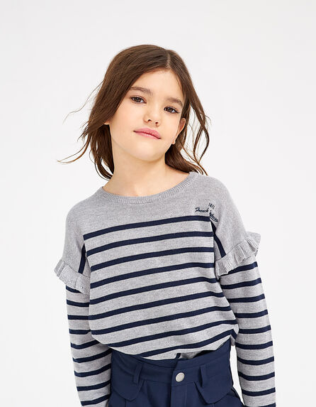Girls’ grey marl sweater with navy stripes and ruffles