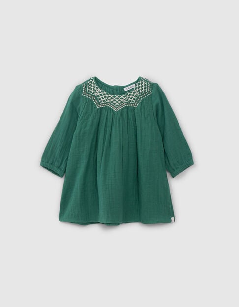 Groene jurk met geborduurde halslijn voor babymeisjes - IKKS