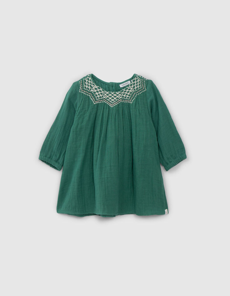 Grünes Kleid für Mädchen mit gesticktem Ausschnitt-1 Grünes Kleid für Mädchen mit gesticktem Ausschnitt-1