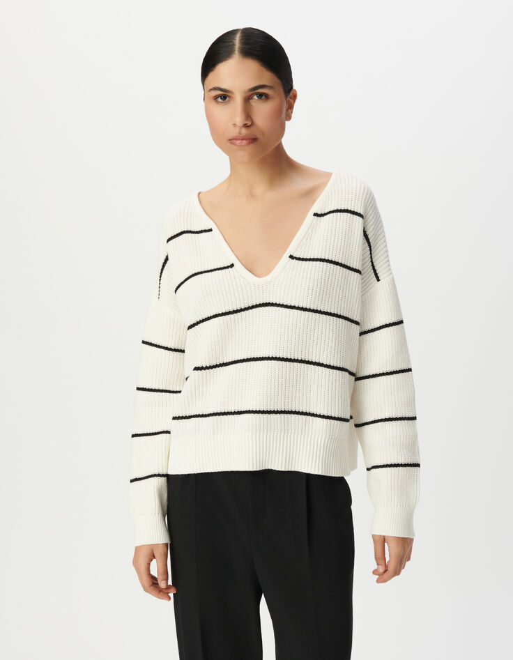 Oversized gebreide matrozentrui zwarte strepen Dames-2 Oversized gebreide matrozentrui zwarte strepen Dames-2