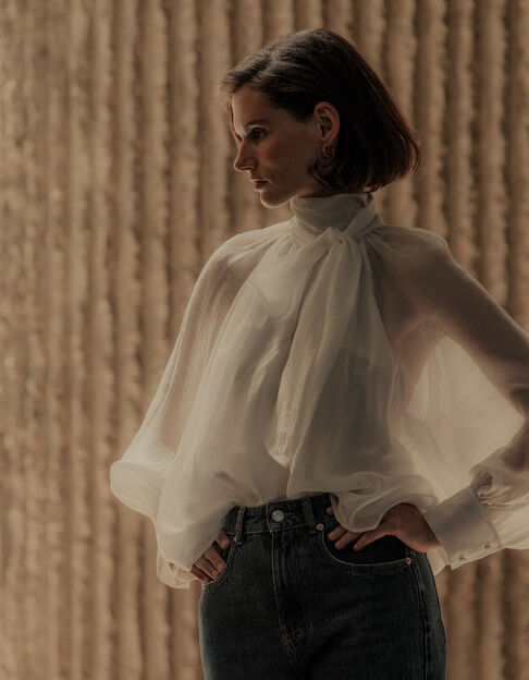 Blouse blanche col lavalli&egrave;re manches ballon Femme - IKKS