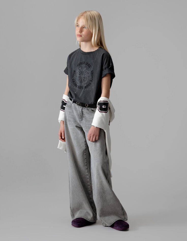 T-shirt gris coton bio message et papillon fille-2 T-shirt gris coton bio message et papillon fille-2