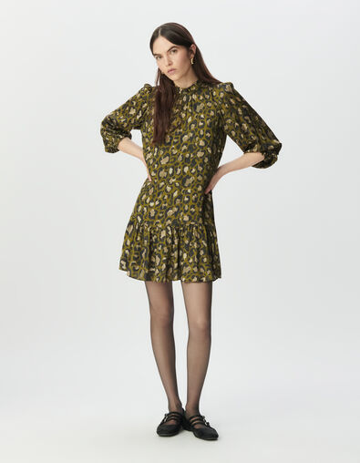 Khaki weites Damenkleid mit Leo-Fleckenprint - IKKS