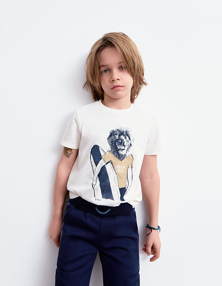 Camiseta cruda visual león surfista niño -1