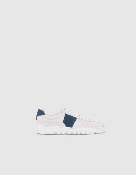 Men’s white suede trainers with blue stripes