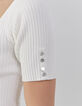 Pull blanc cassé en tricot côtelé à col carré en V Femme-4