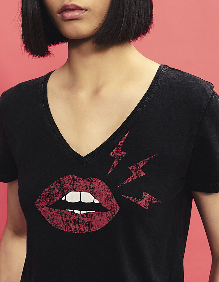 Tee-shirt noir en coton bio acid wash visuel lèvres femme - IKKS