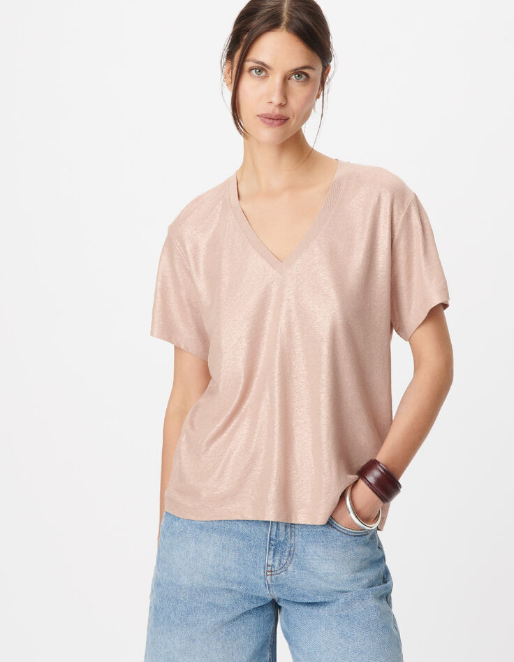 Tee-shirt col V beige dor&eacute; Femme-4