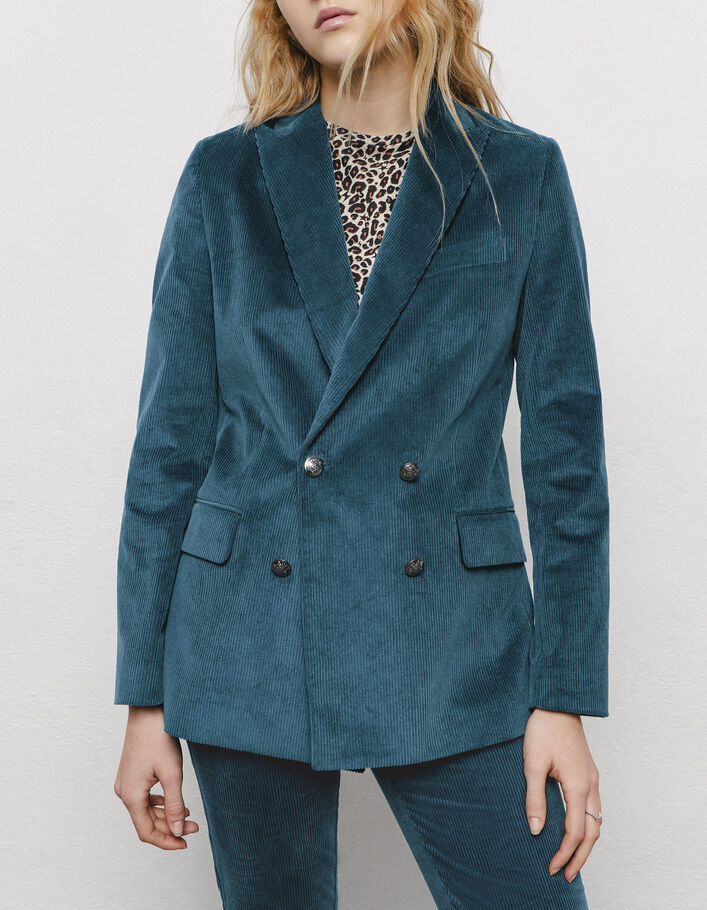 Women’s slate blue double-breasted corduroy jacket - IKKS
