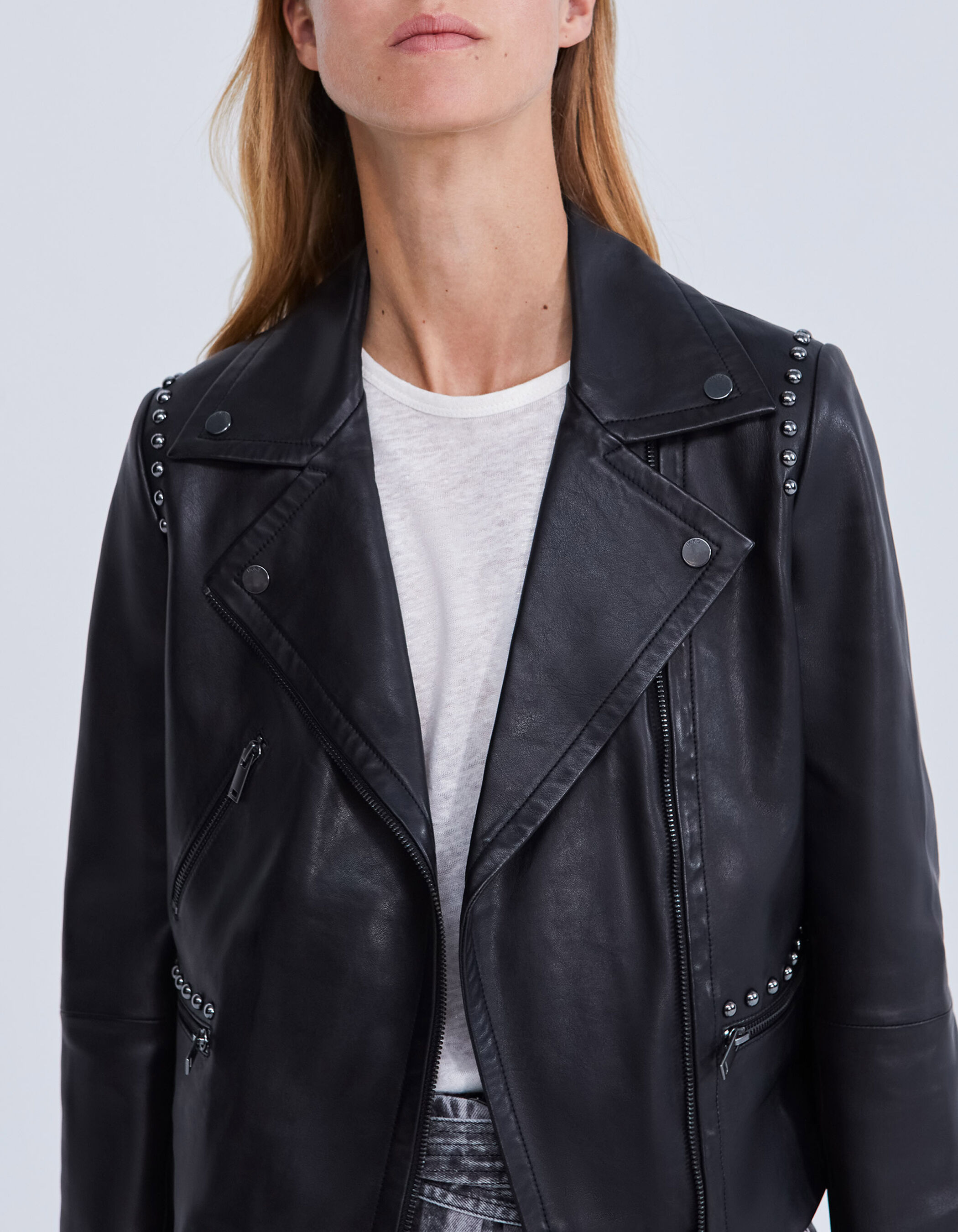 Veste en cuir noir cloutee esprit motard Femme IKKS