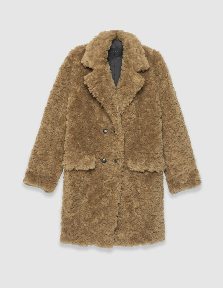 Manteau beige &agrave; poils longs Femme-6