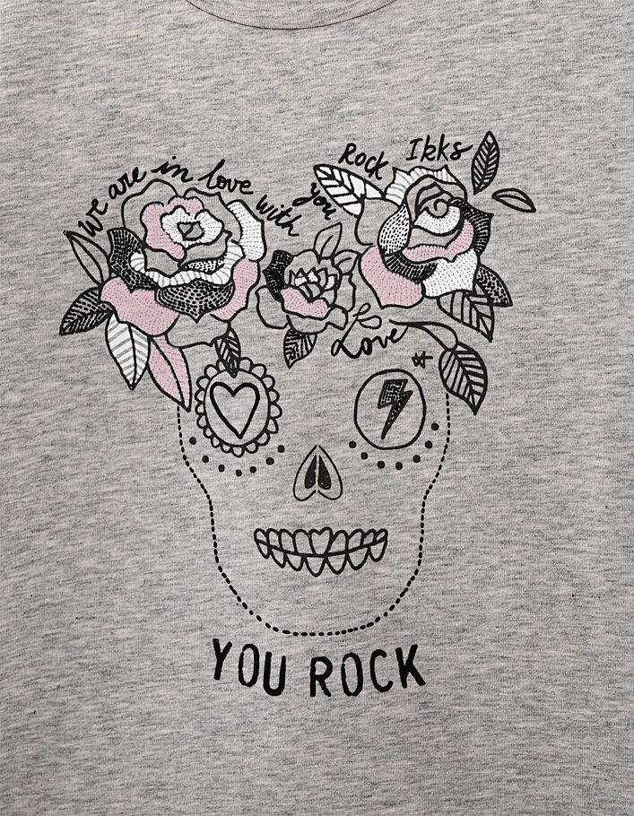 Girls’ medium grey marl flower skull graphic T-shirt - IKKS