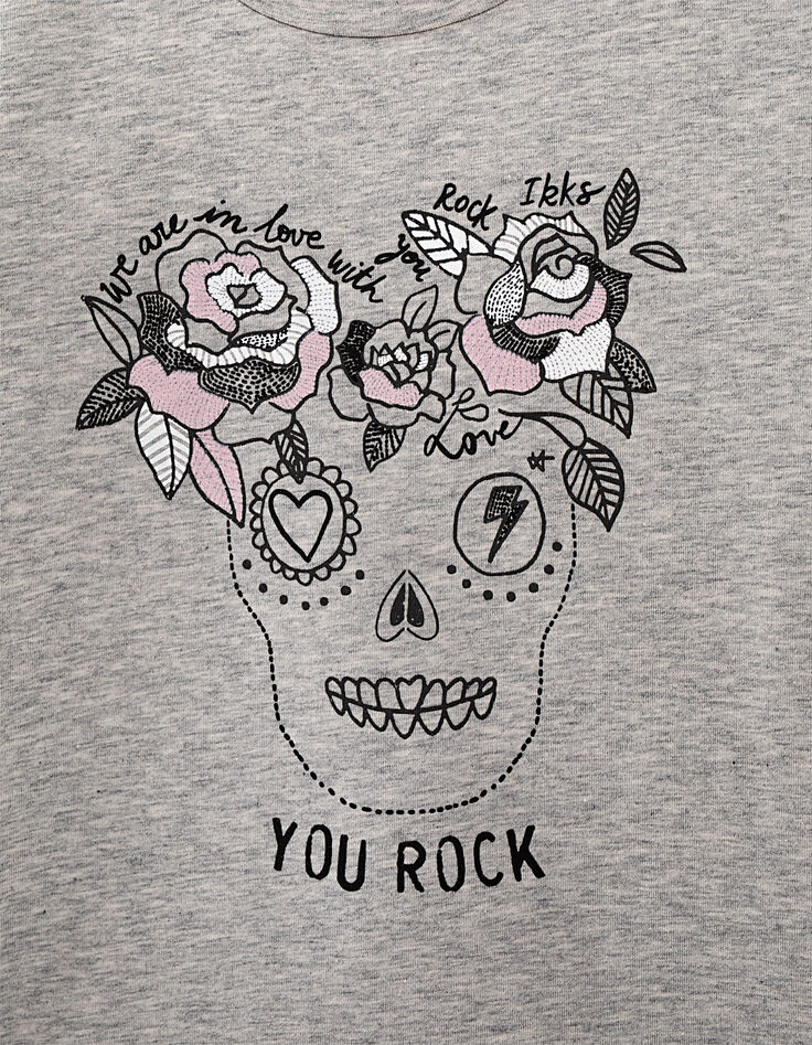 Tee-shirt gris chiné moyen visuel skull fleurs fille-3 Tee-shirt gris chiné moyen visuel skull fleurs fille-3
