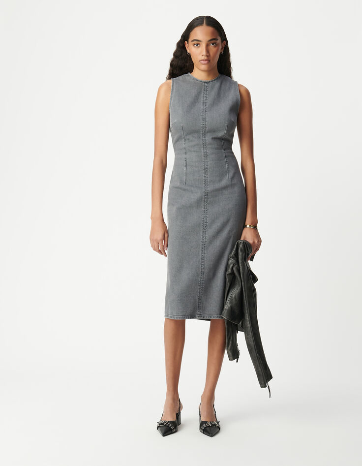 Vestido vaquero gris sin mangas con aberturas Mujer-1