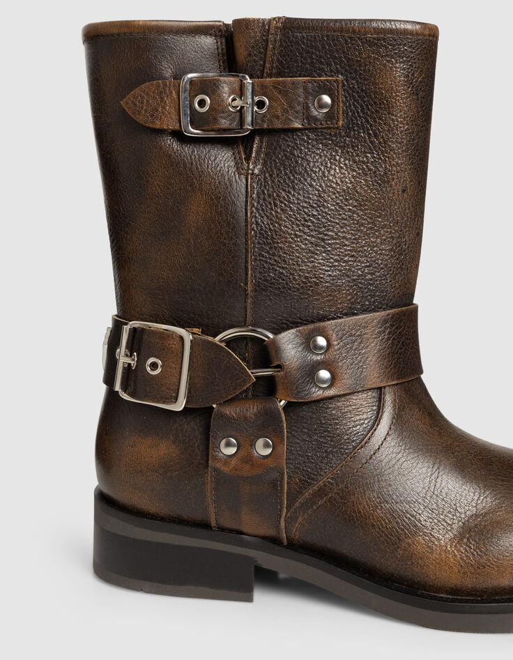 Braune Damenbikerstiefeletten Veloursleder 3 Schnallen-7