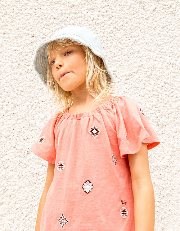Donkerkoraalrood T-shirt met borduursels meisjes
