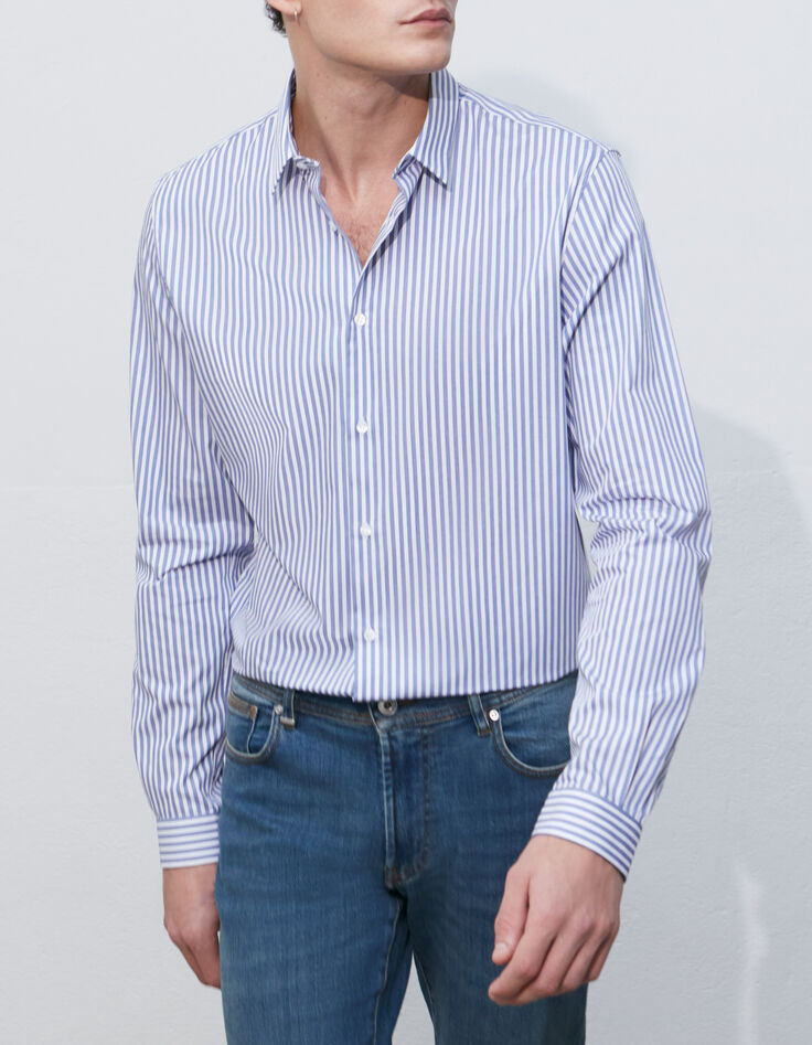 Marineblaues SLIM-Herrenhemd mit Streifen-1