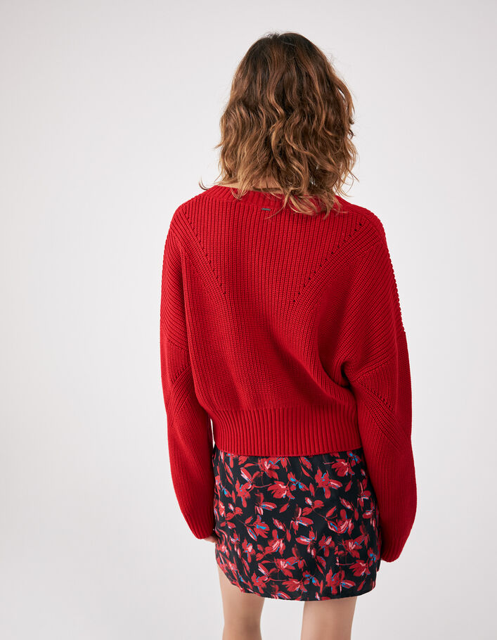 Pull rouge encolure V tricot fantaisie Femme - IKKS