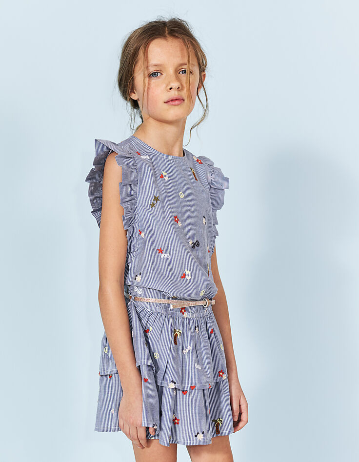 Robe bleu foncé à rayures et broderies fille-1