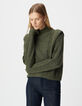 Khaki Damenstrickpulli Lurex, Schulterpolster, Zopfmuster-2