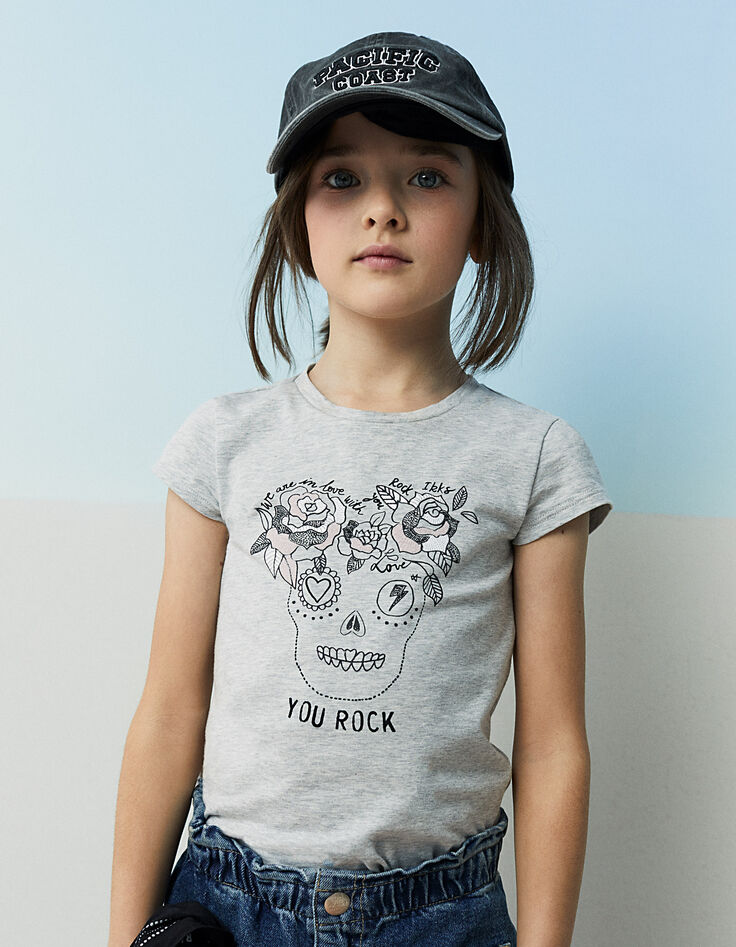 Tee-shirt gris chiné moyen visuel skull fleurs fille-1 Tee-shirt gris chiné moyen visuel skull fleurs fille-1