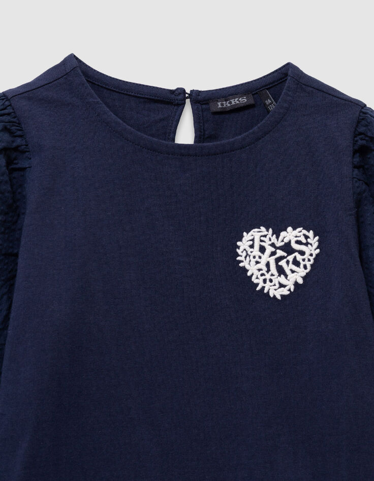 Camiseta de ni&ntilde;a con bordado de coraz&oacute;n en azul marino-2