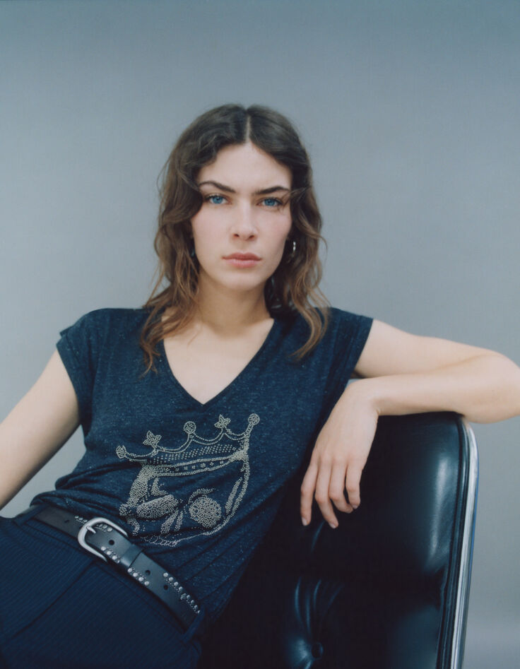 Tee-shirt marine pailleté brodé tête de mort Femme-6