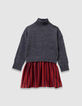 Vestido bimaterial jersey gris rayas rojas niña-3