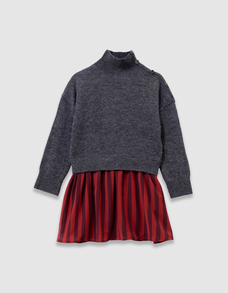 Graues Mädchenpulloverkleid Mischgewebe rote Streifen-3 Graues Mädchenpulloverkleid Mischgewebe rote Streifen-3